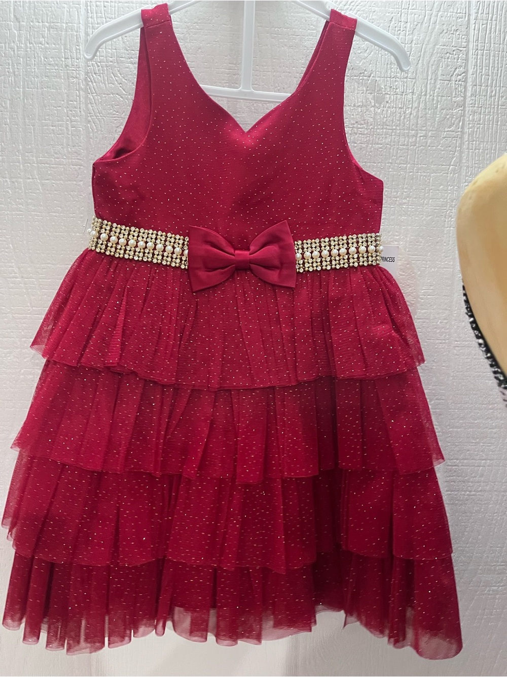 Girls Sparkle Bow Tiered Dress - Red